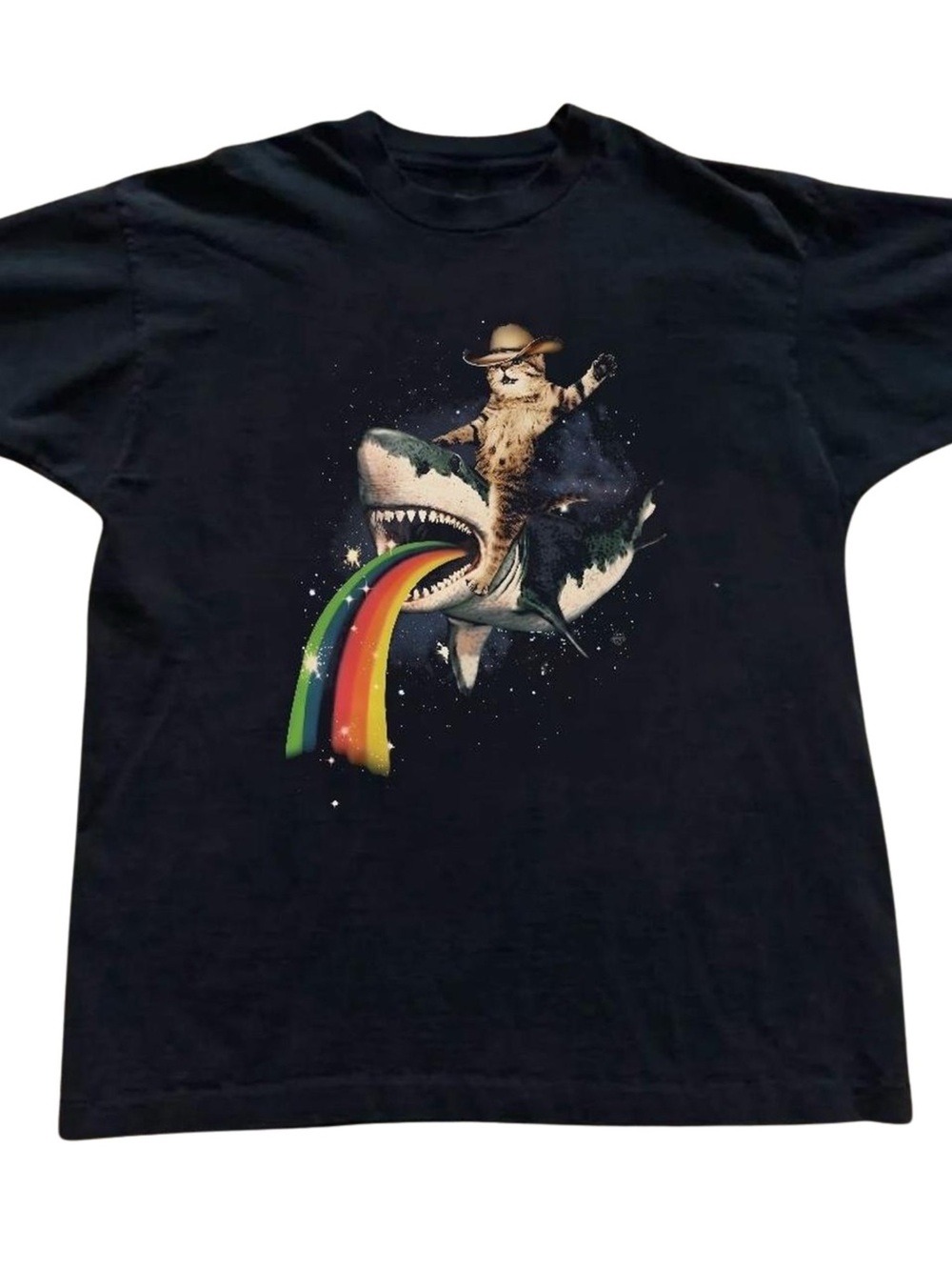 Gildan Cowboy Cat Riding Shark Rainbow Graphic Tee